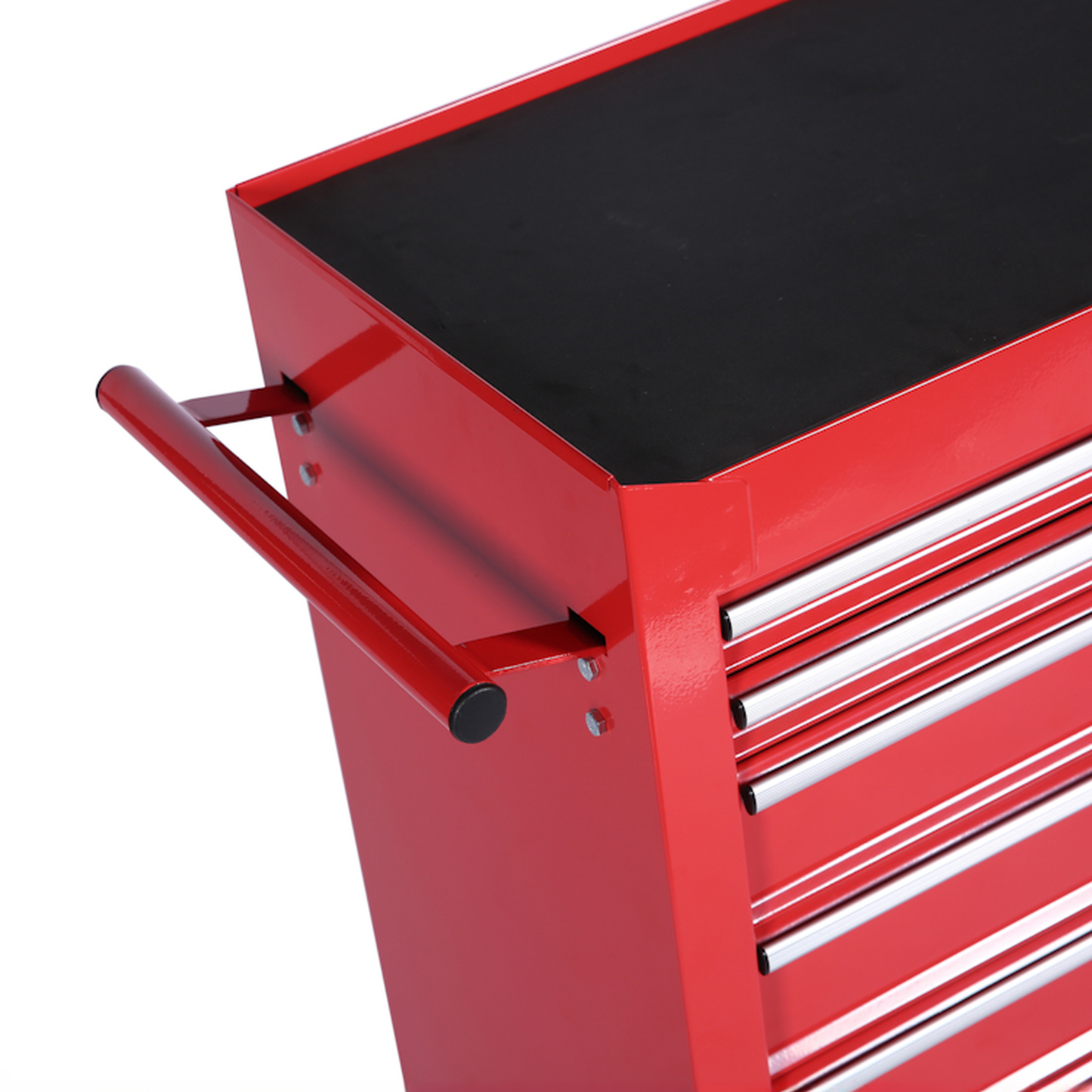 Red metal tool chest with black top and silver drawer pulls