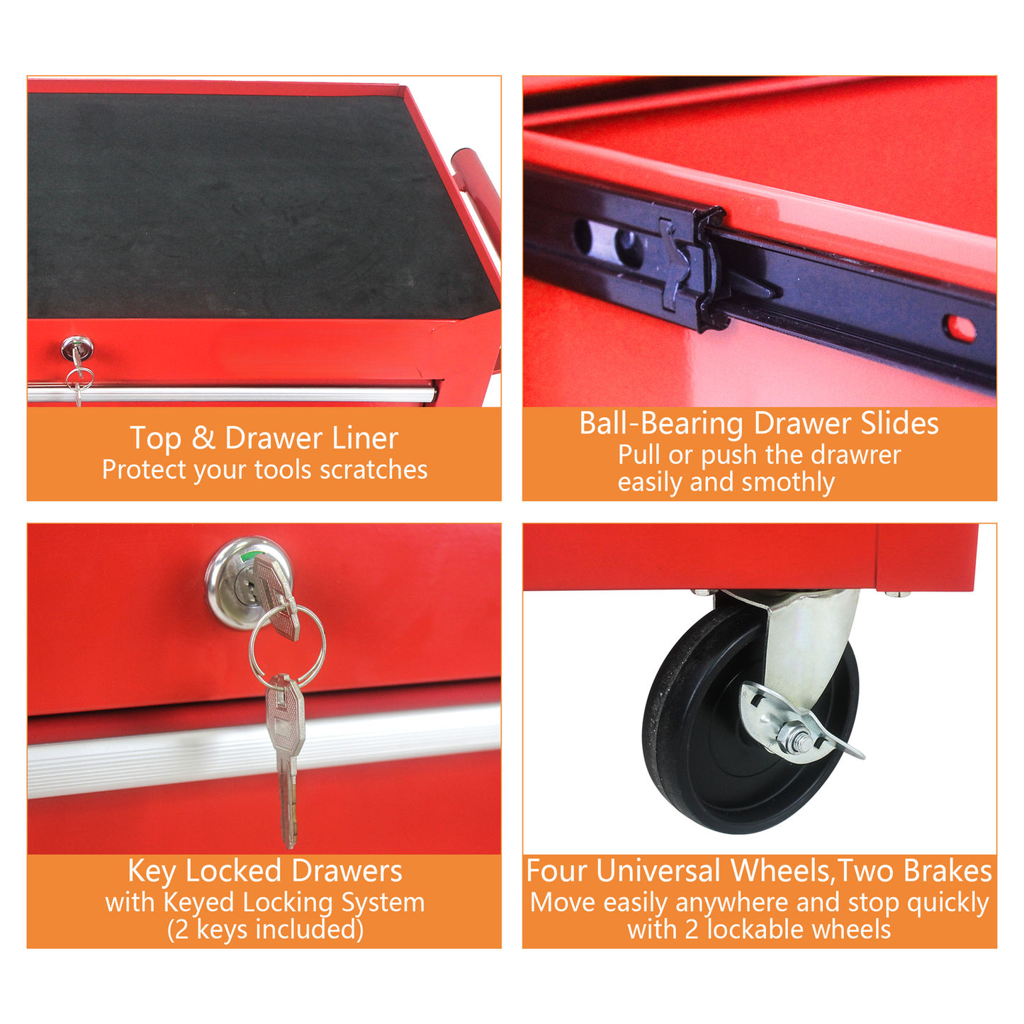 Red tool chest top surface with black liner and key lock