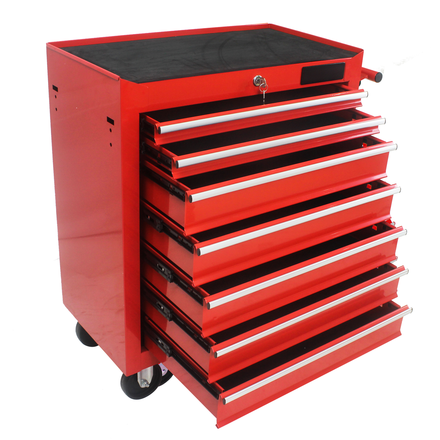 Red drawer rolling tool chest with silver handles and a black mat top
