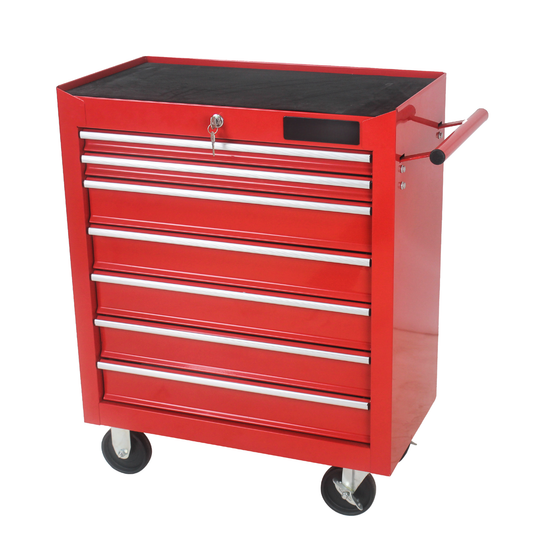 Red rolling tool chest with  drawers and silver handles