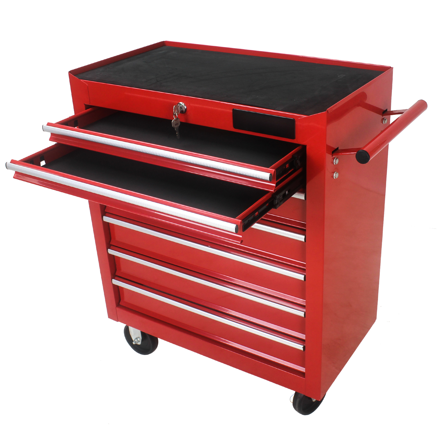 Red metal rolling tool chest with  drawers featuring ballbearing slides and a keyed lock