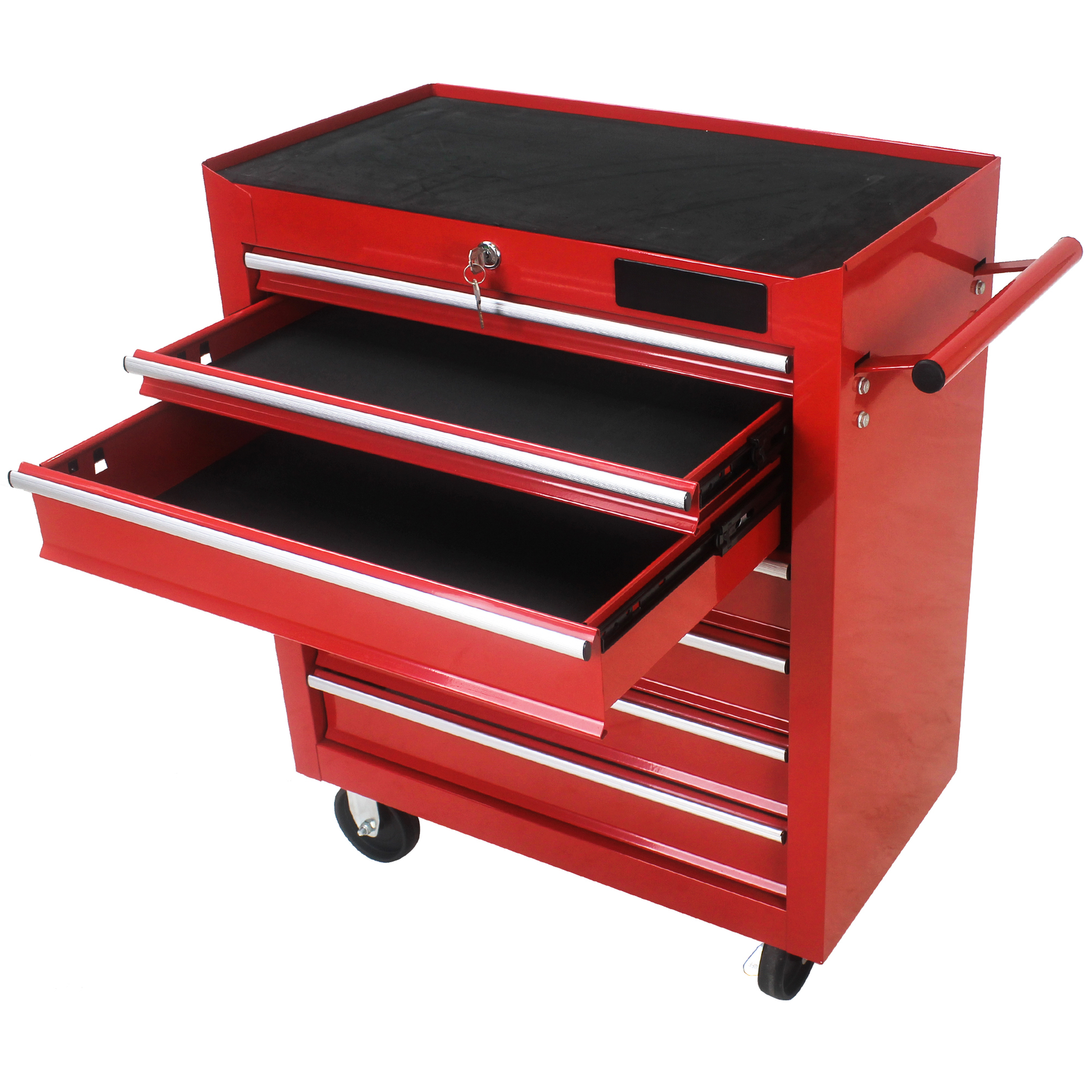 Red metal tool chest with multiple drawers and a locked top compartment