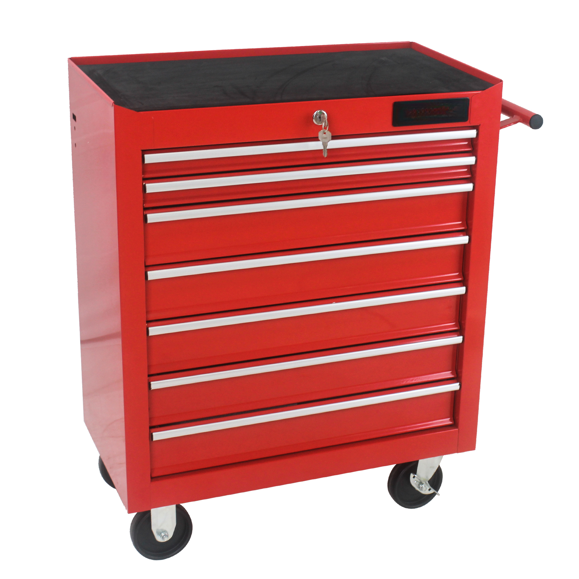 Red rolling tool chest with  drawers and silver accents ideal for workshop organization