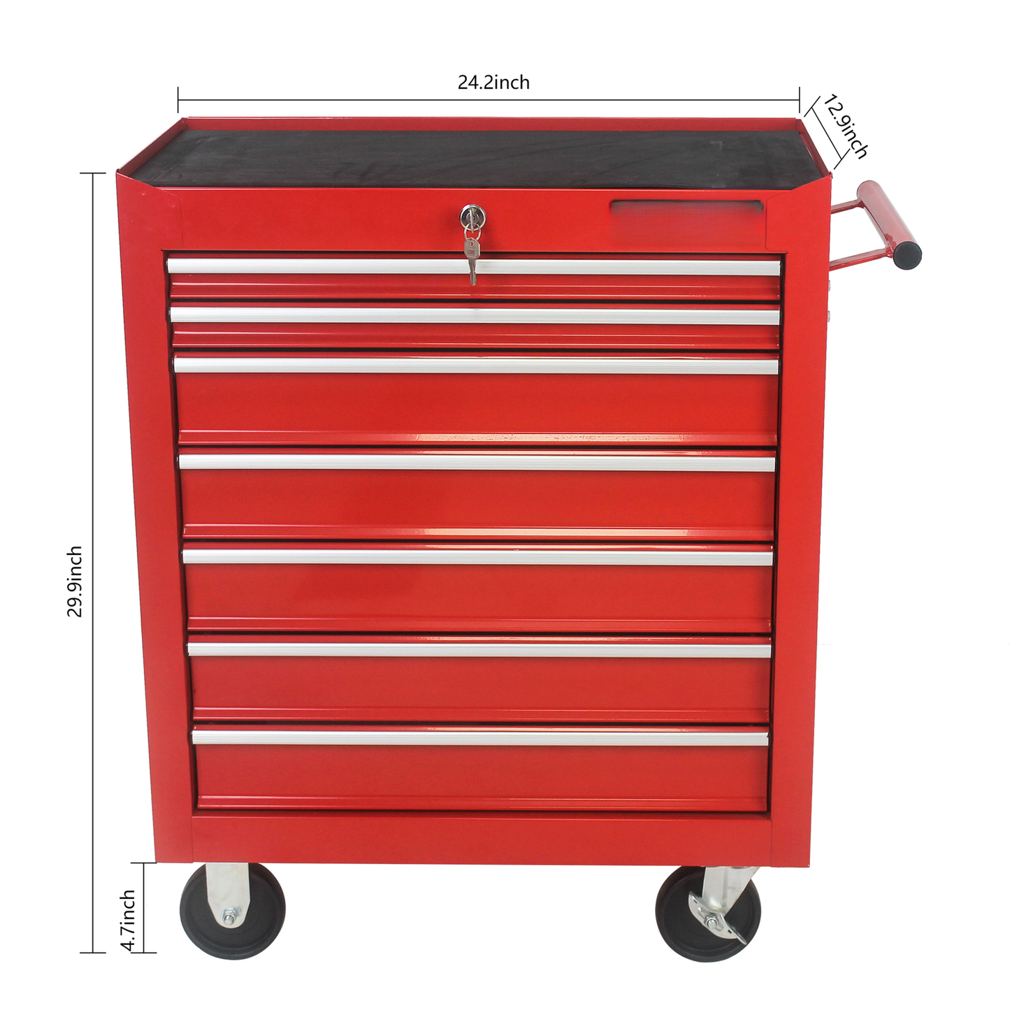Red drawer rolling tool chest with chrome handles and keyed lock for workshop organization