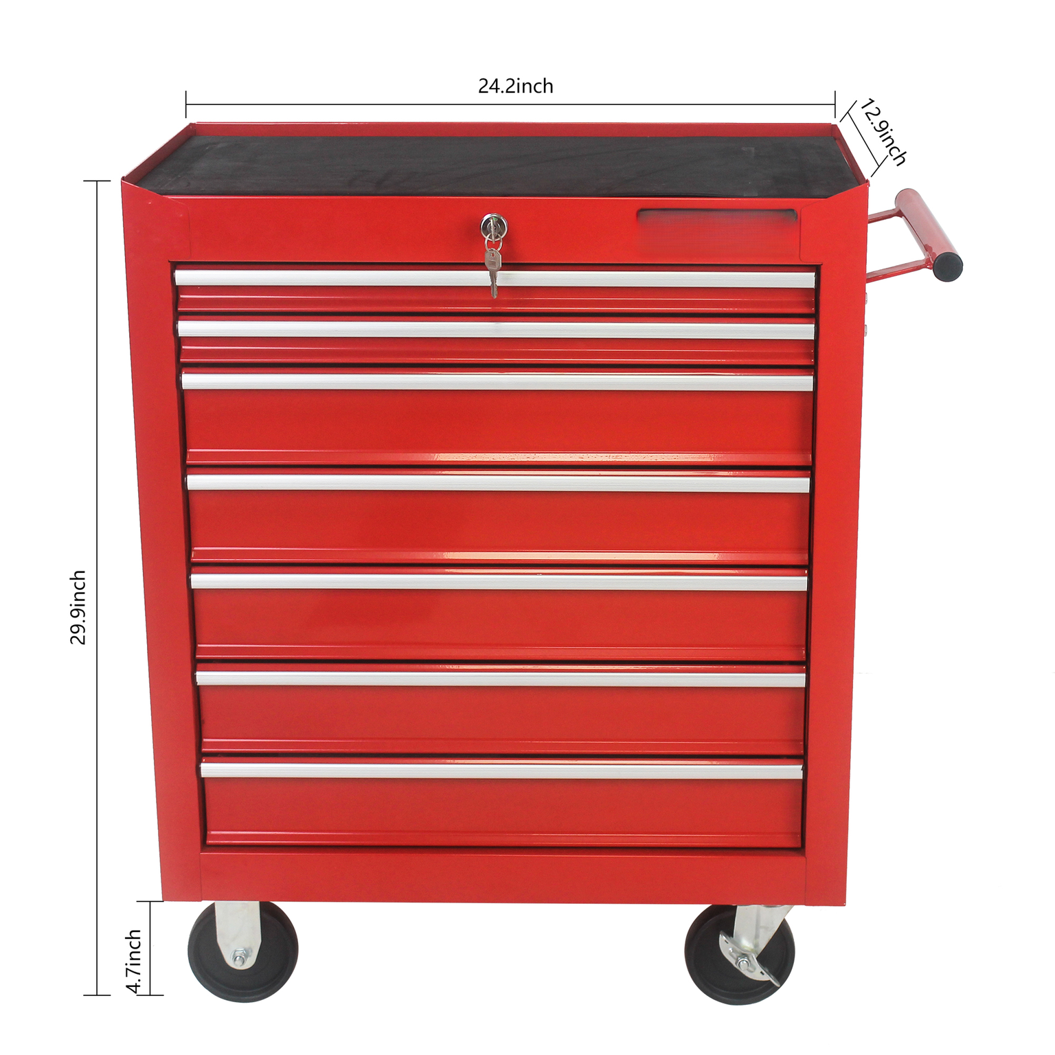 Red drawer rolling tool chest with chrome handles and keyed lock for workshop organization