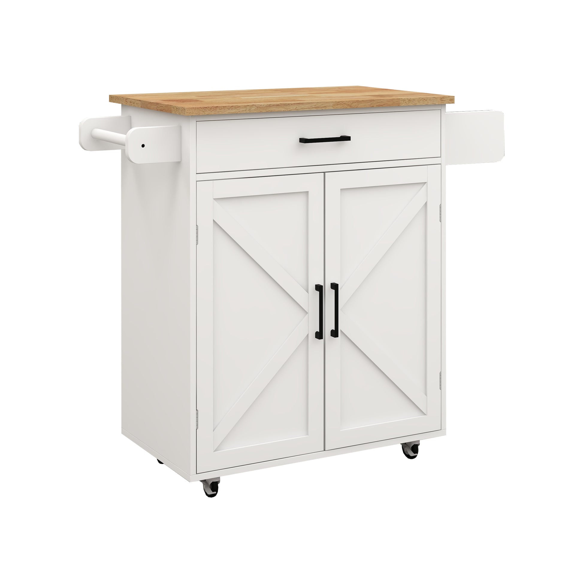 White kitchen cart with butcher block top and double barn doors
