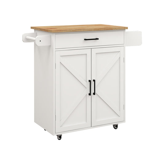 White kitchen cart with butcher block top and double barn doors