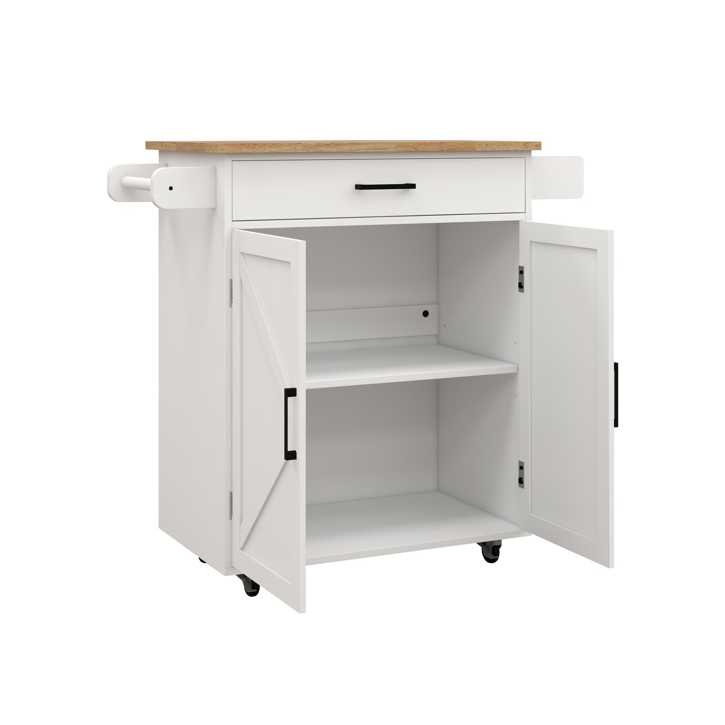White kitchen cart with open cabinets wooden top and towel bar for easy storage