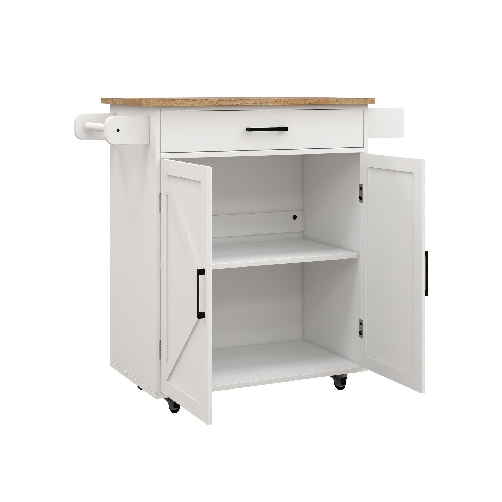 White kitchen cart with open cabinets wooden top and towel bar for easy storage