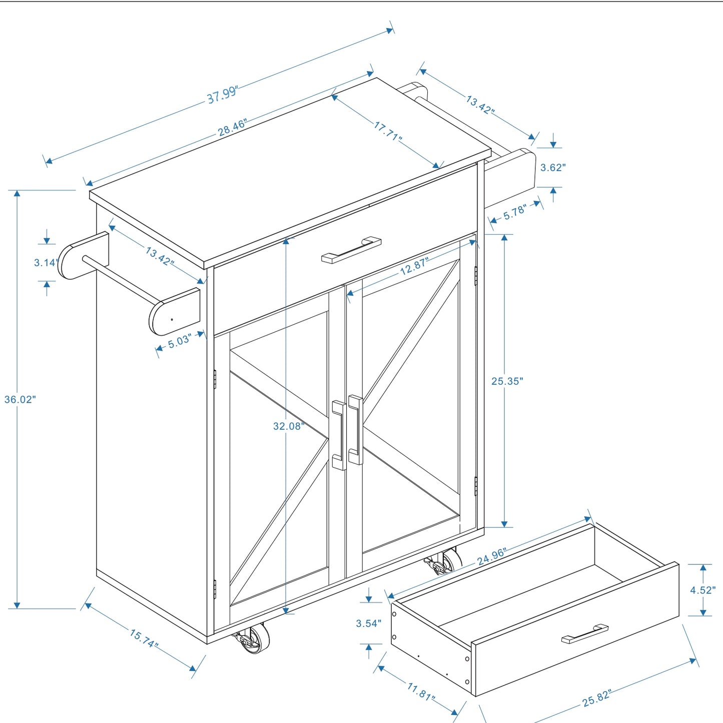 Kitchen island cart with drawer and cabinet doors