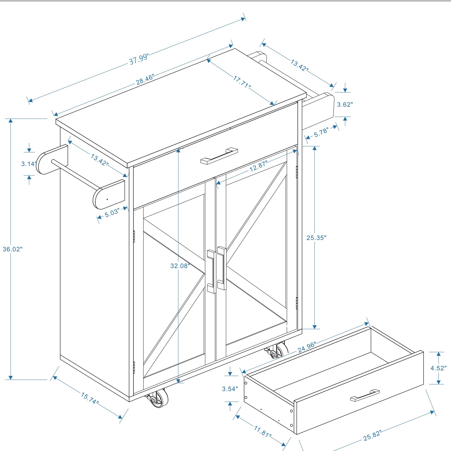Kitchen island cart with drawer and cabinet doors