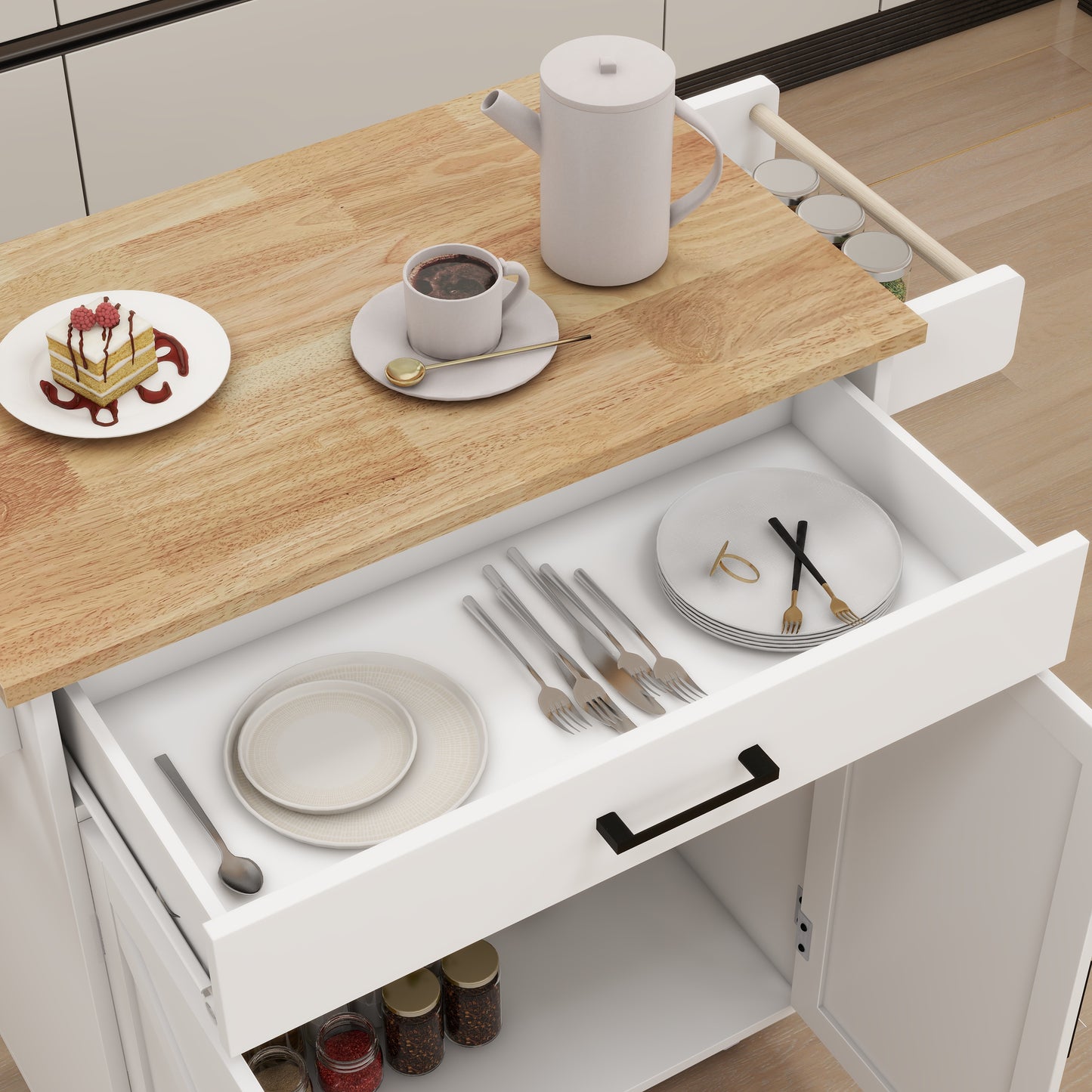 White kettle and coffee cup on butcher block kitchen island