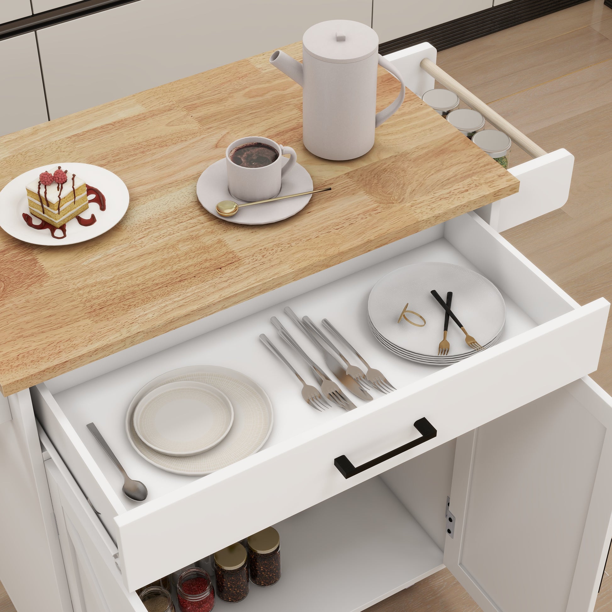 White kettle and coffee cup on butcher block kitchen island