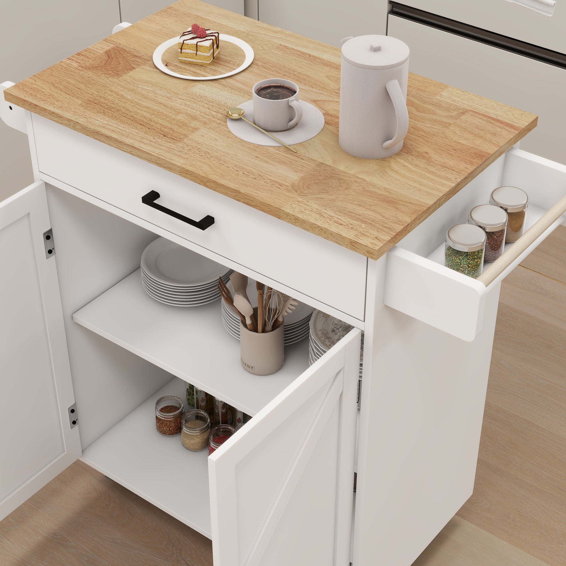 White kitchen cart with butcher block top