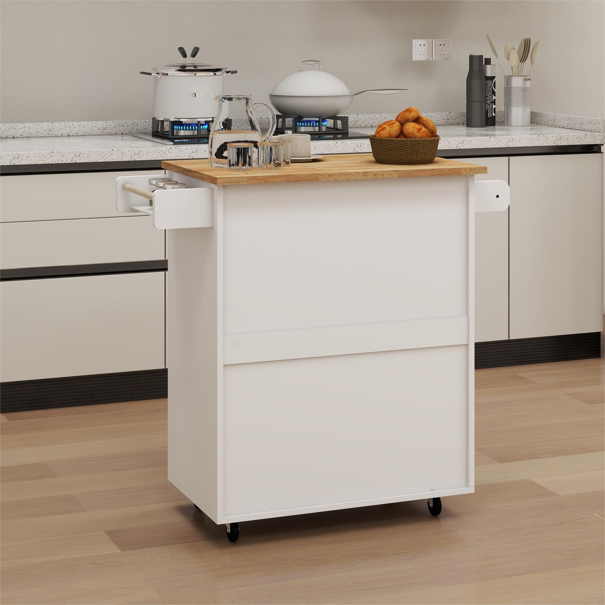 White kitchen cart with wooden top and pullout drawer holding spices