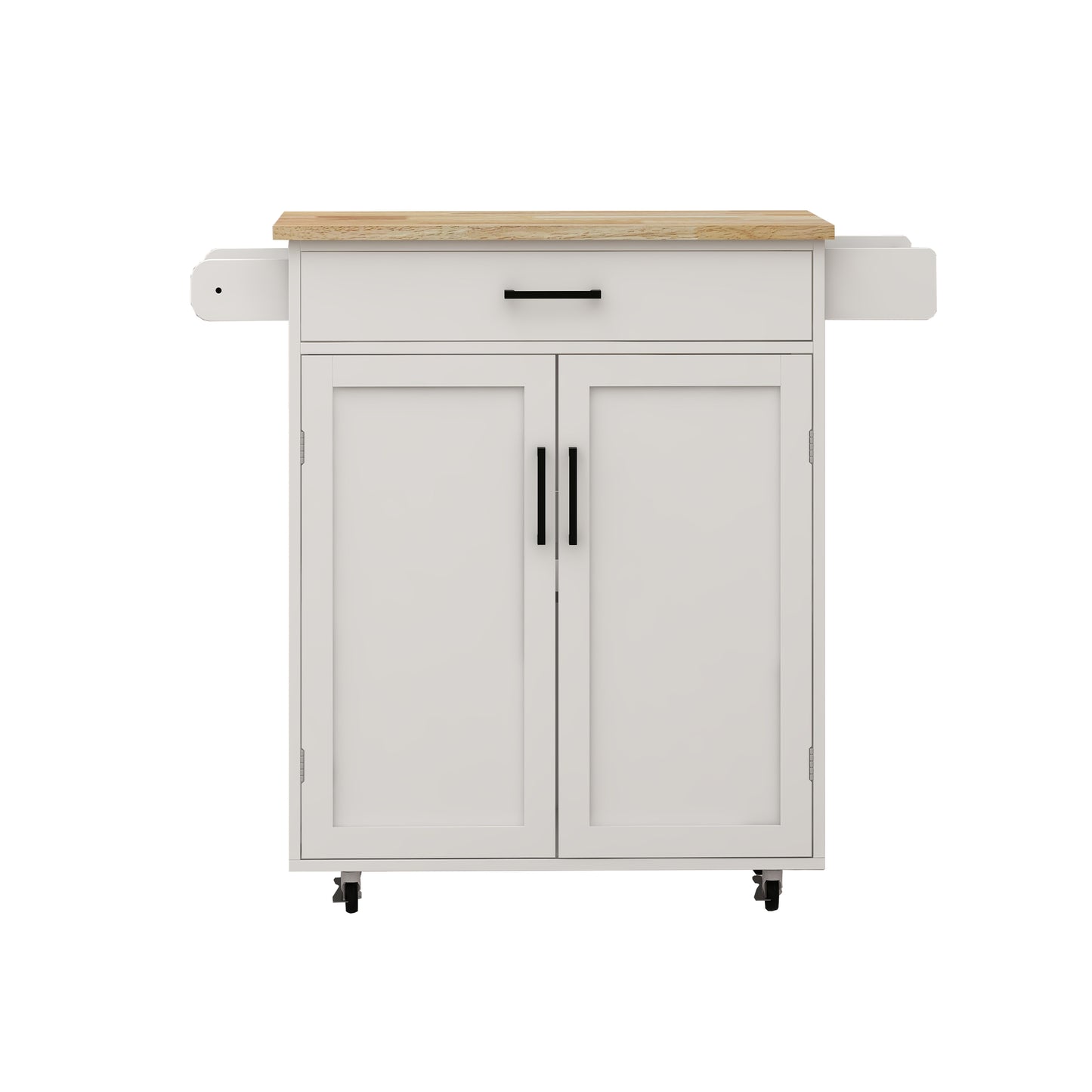 White kitchen island with butcher block top and two cabinet doors