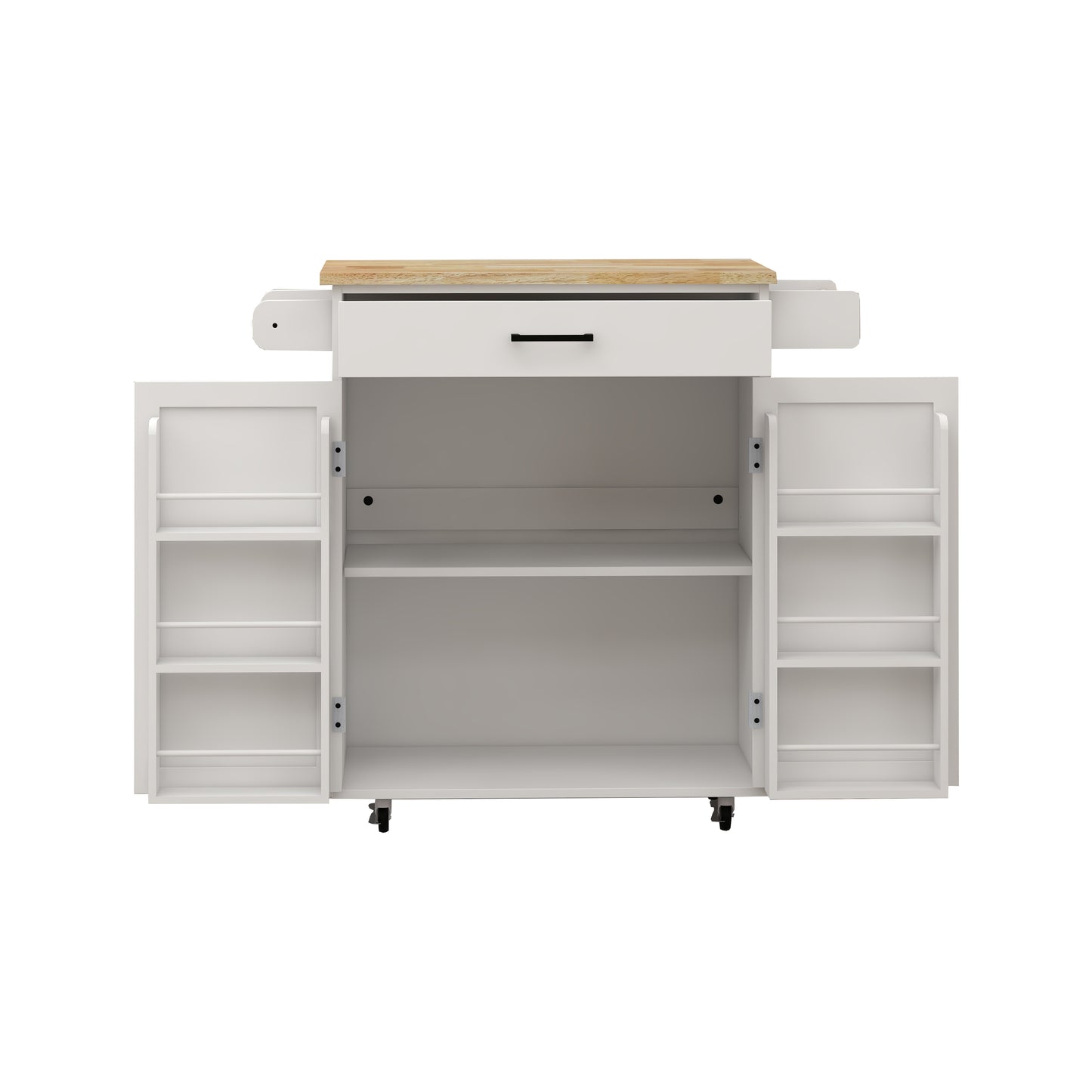 White kitchen island cart with butcher block top open doors and drawer