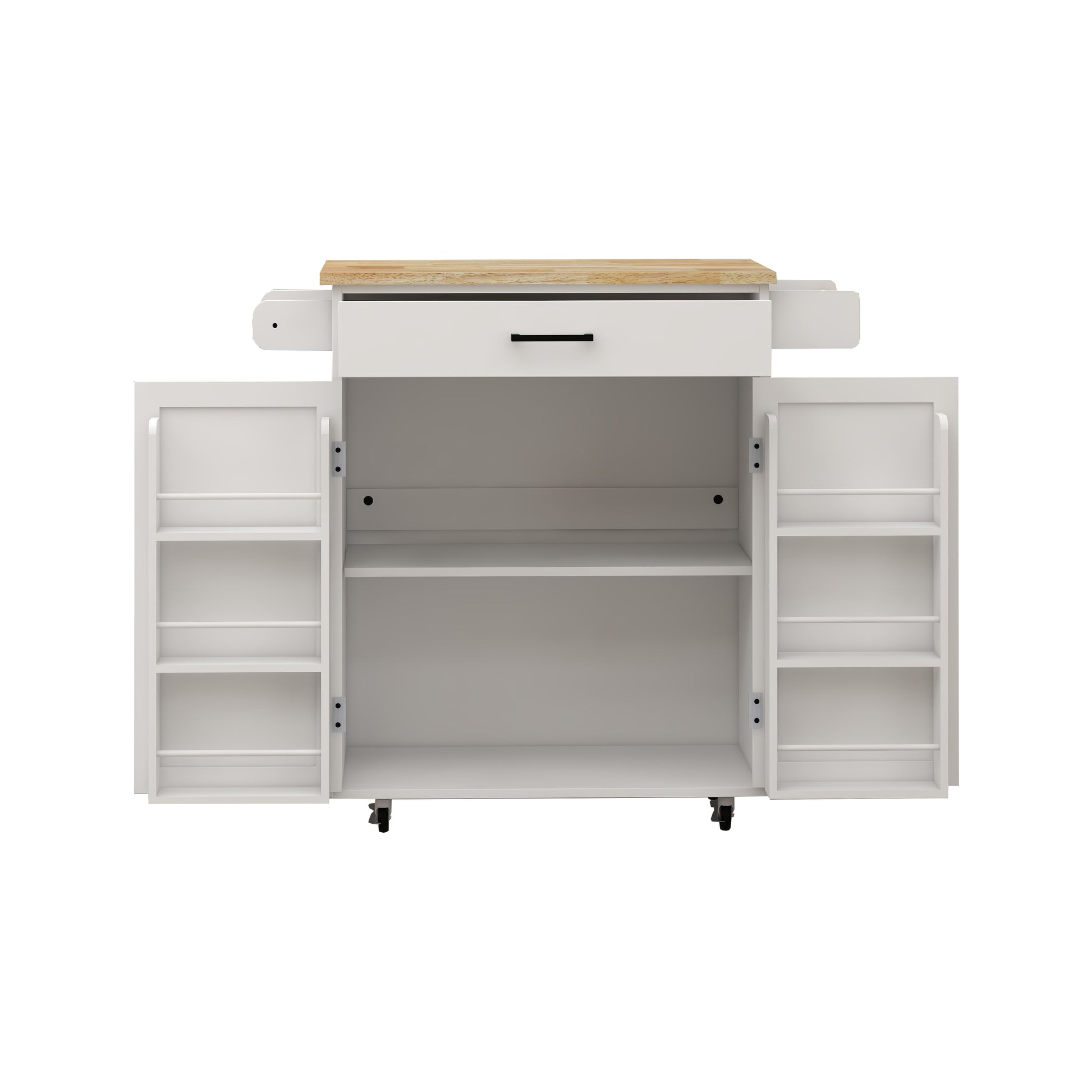White kitchen island cart with butcher block top open doors and drawer