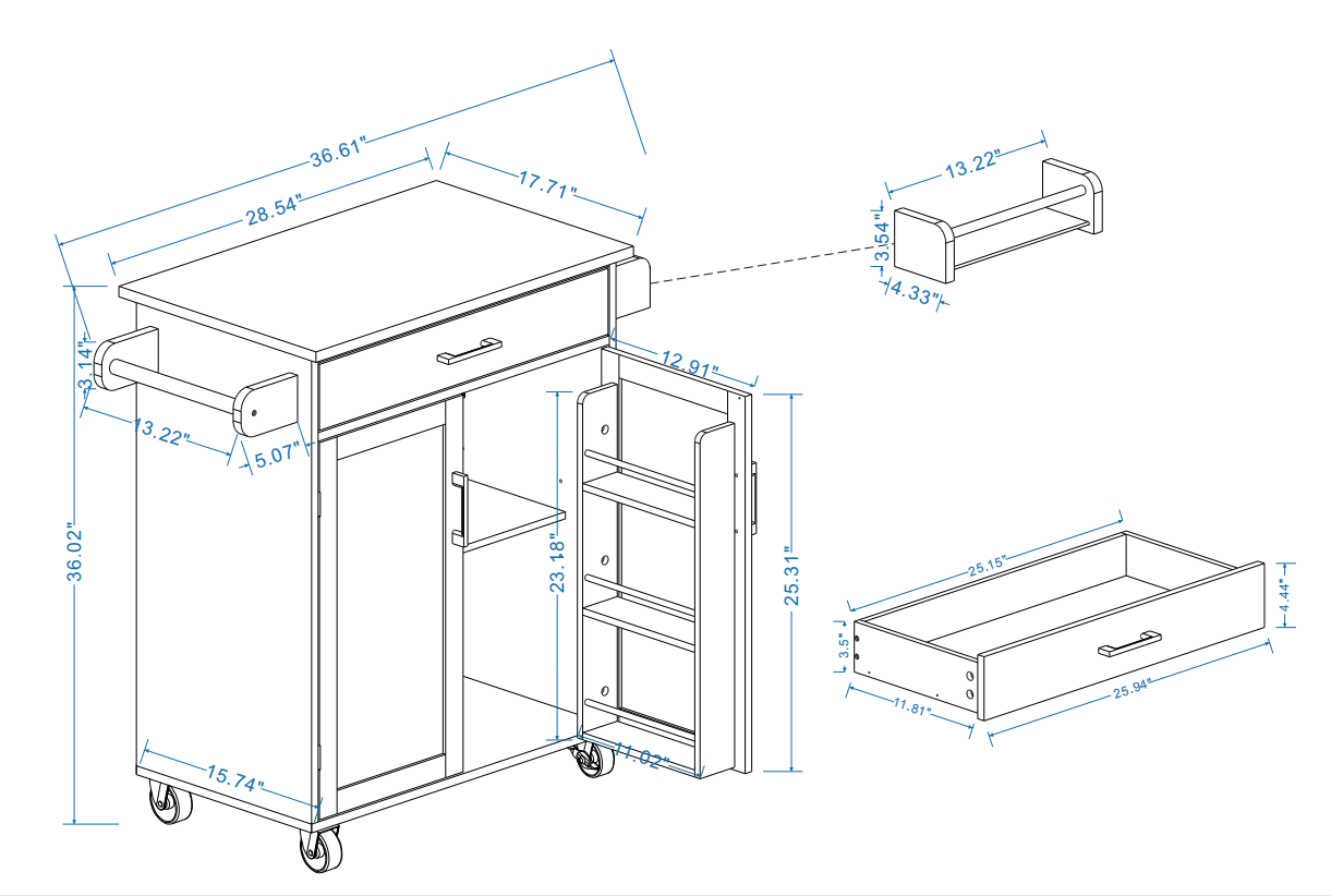 Technical drawing of a white kitchen cart with dimensions and labeled parts including drawer and shelves