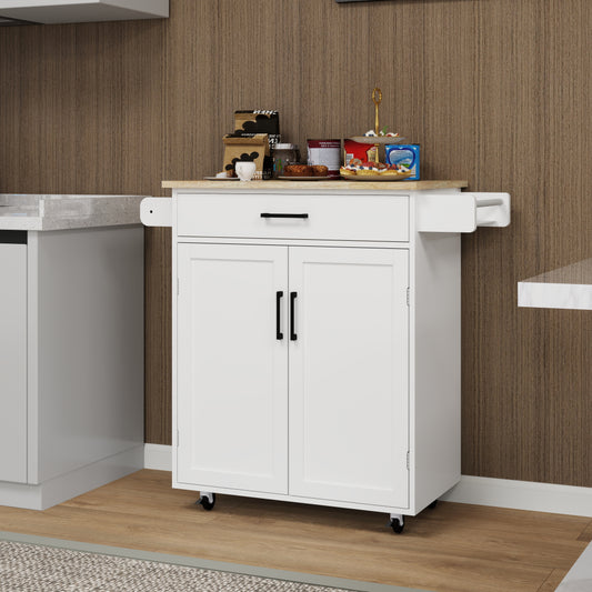 White kitchen cart with butcher block top and black hardware