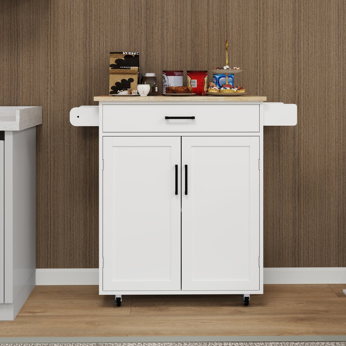 White kitchen cart with wood top and black hardware
