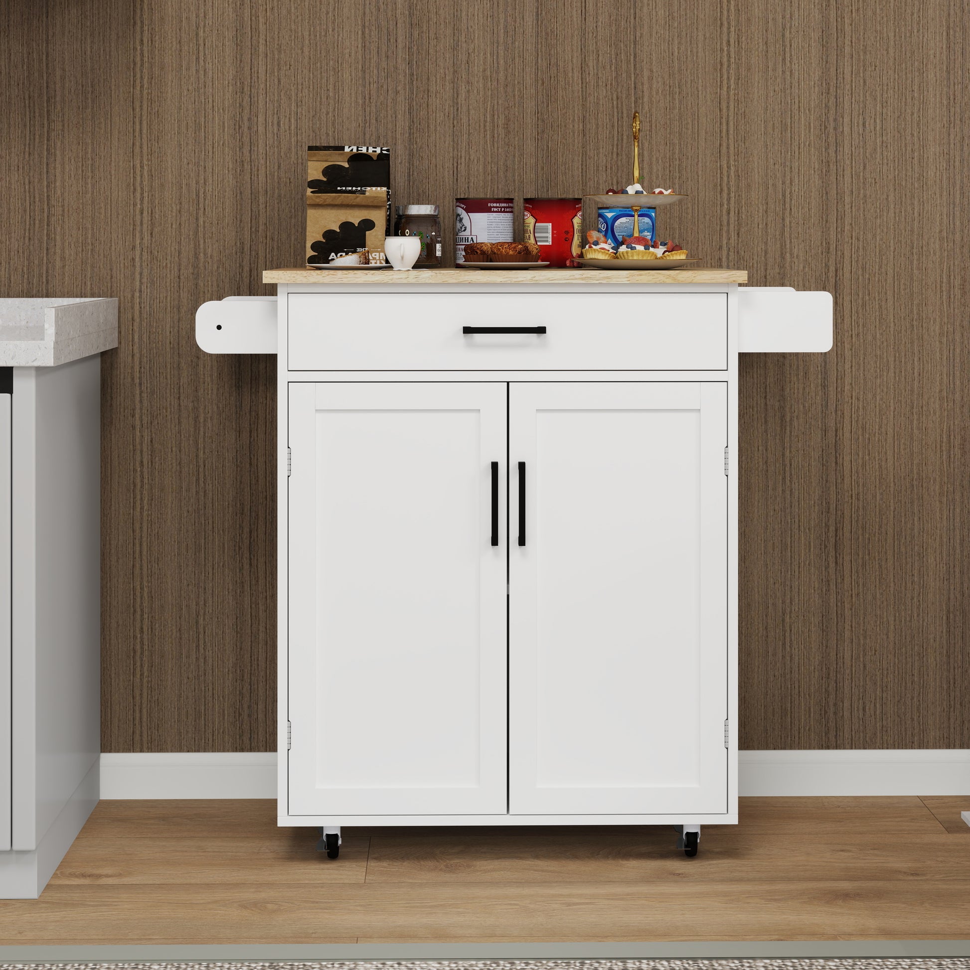 White kitchen cart with wood top and black hardware