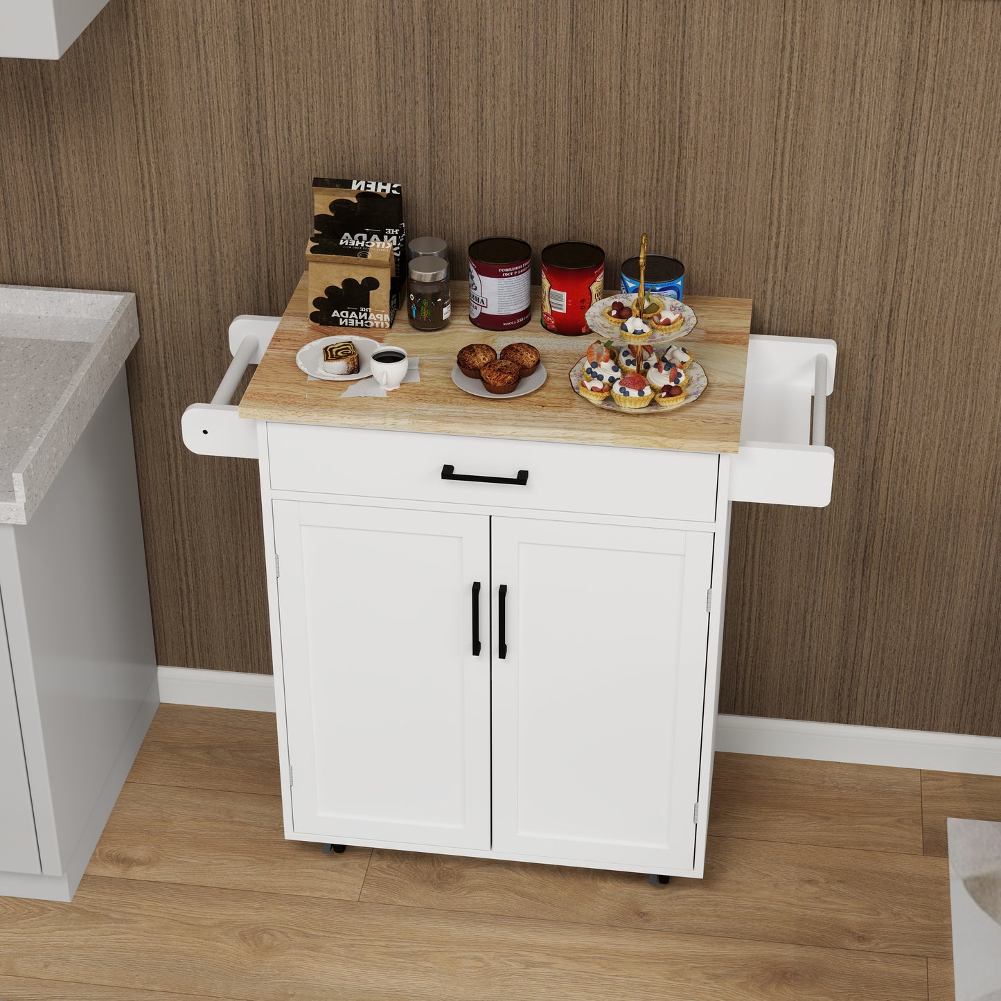 White kitchen island cart with wooden top and snacks displayed