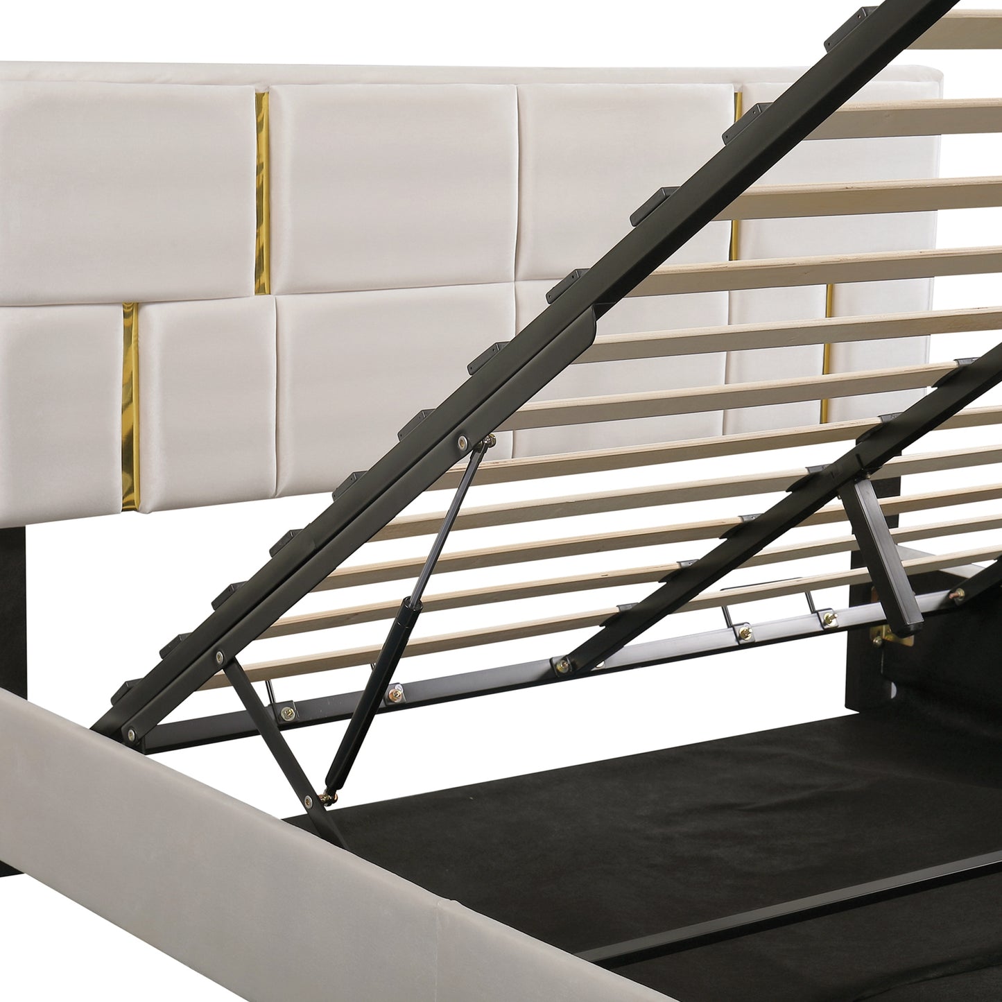 White velvet upholstered storage bed with gold accents and lift mechanism