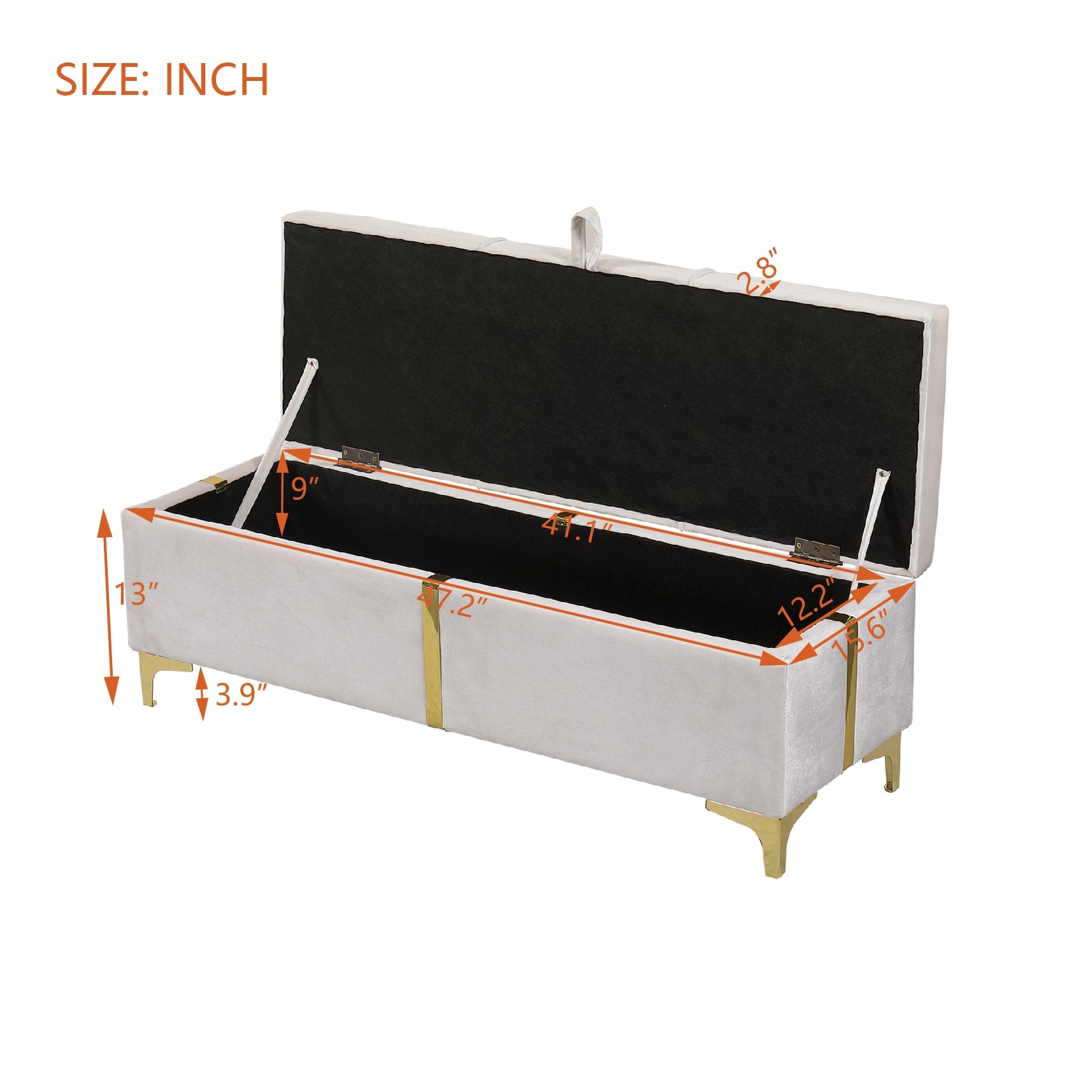 Light gray velvet storage bench with gold legs open