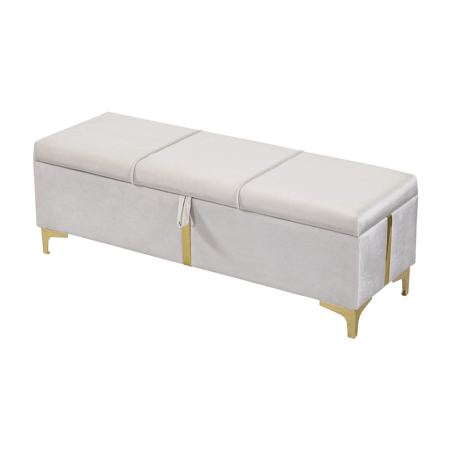 Cream velvet storage bench with gold legs and trim