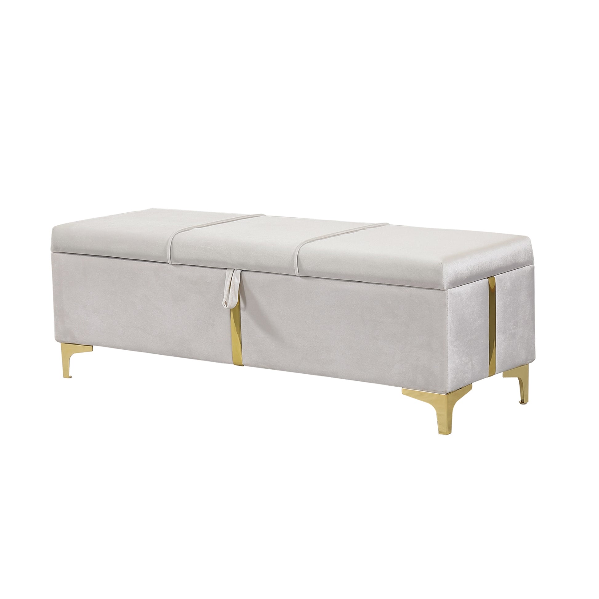 Plush velvet storage bench in light gray with gold accents and legs