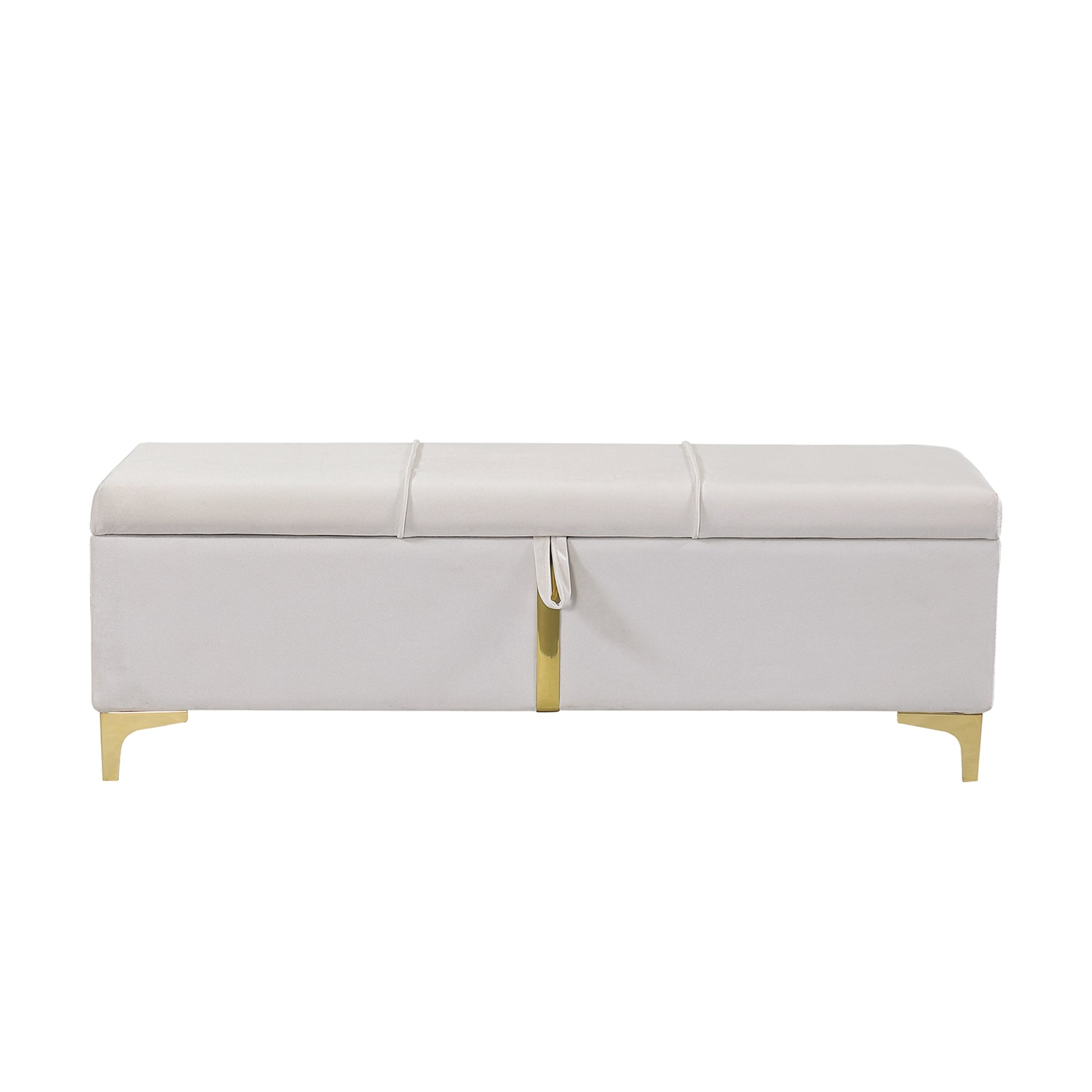 Gray velvet storage ottoman with gold accents and button tufted lid