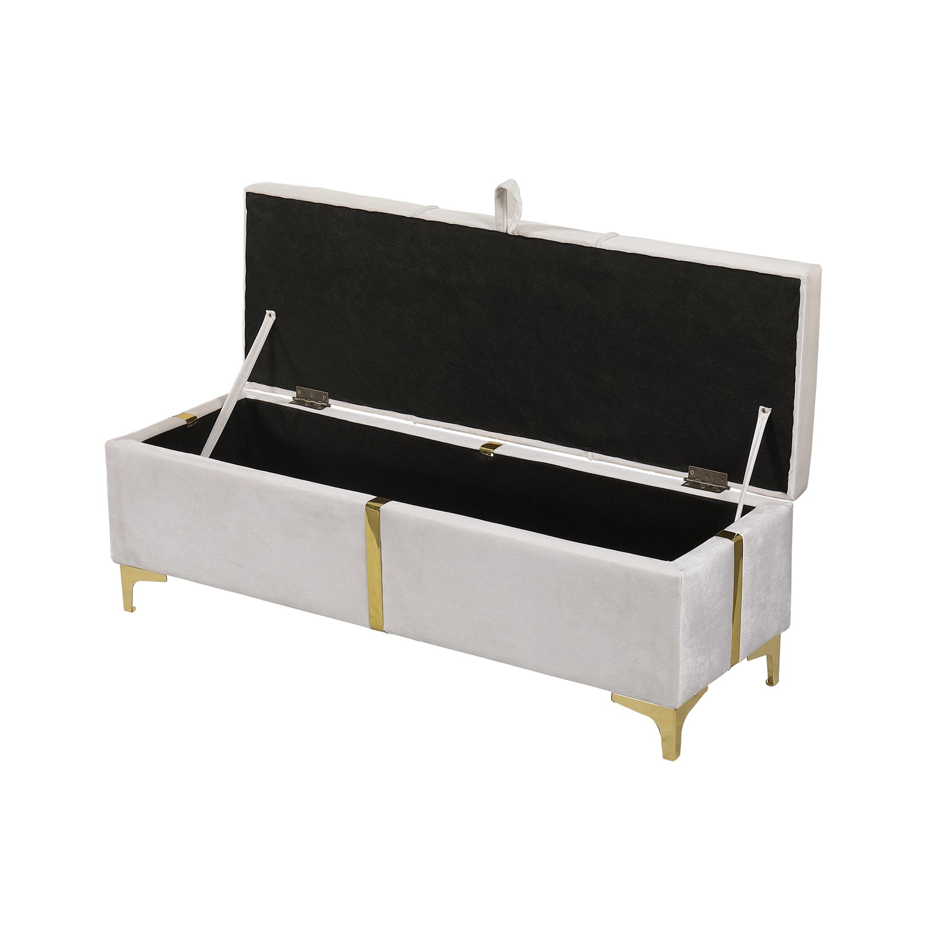 Open cream velvet storage bench with gold accents and legs