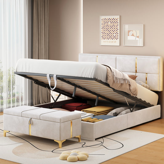 White velvet storage bed with gold accents