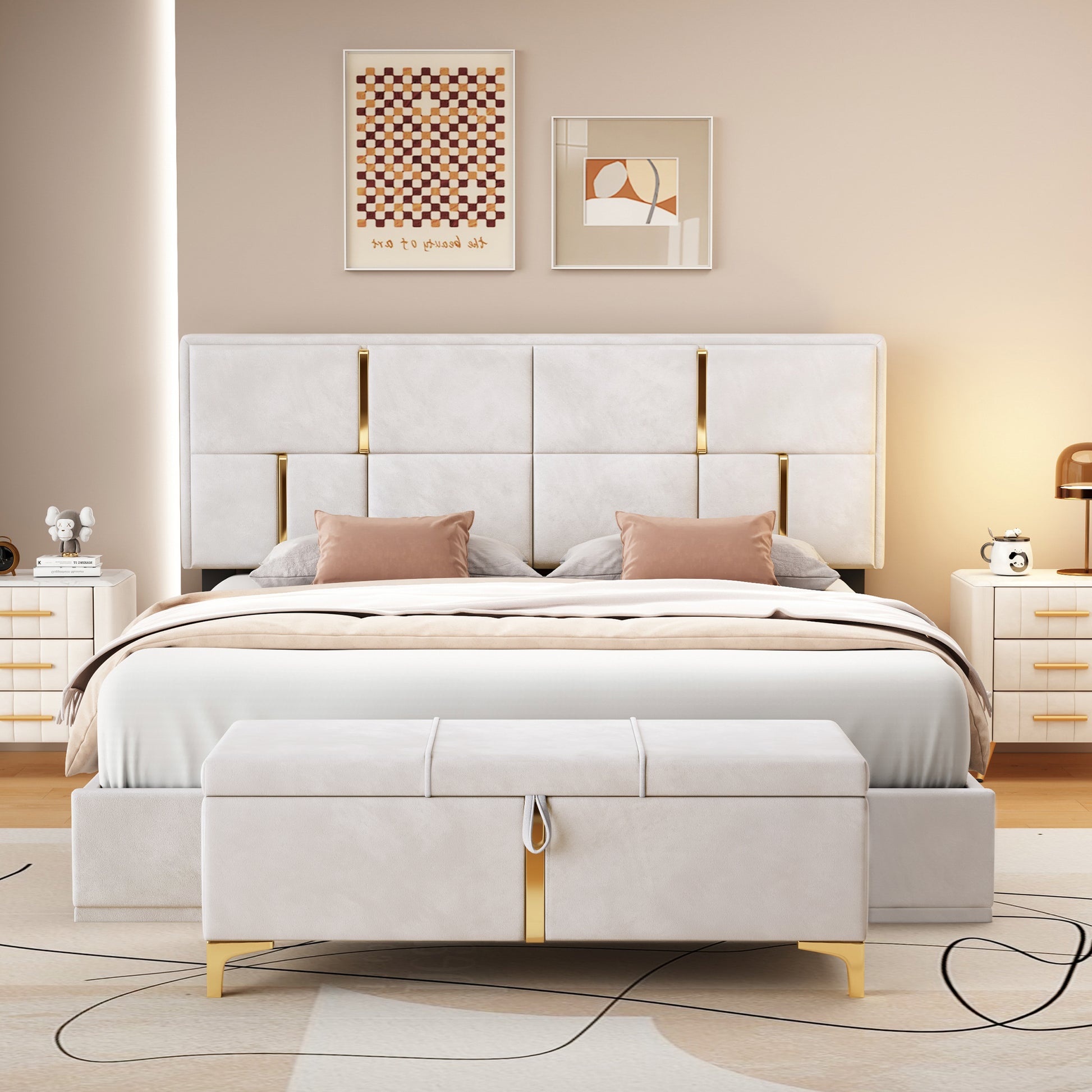 Modern tufted bed with gold accents and storage bench