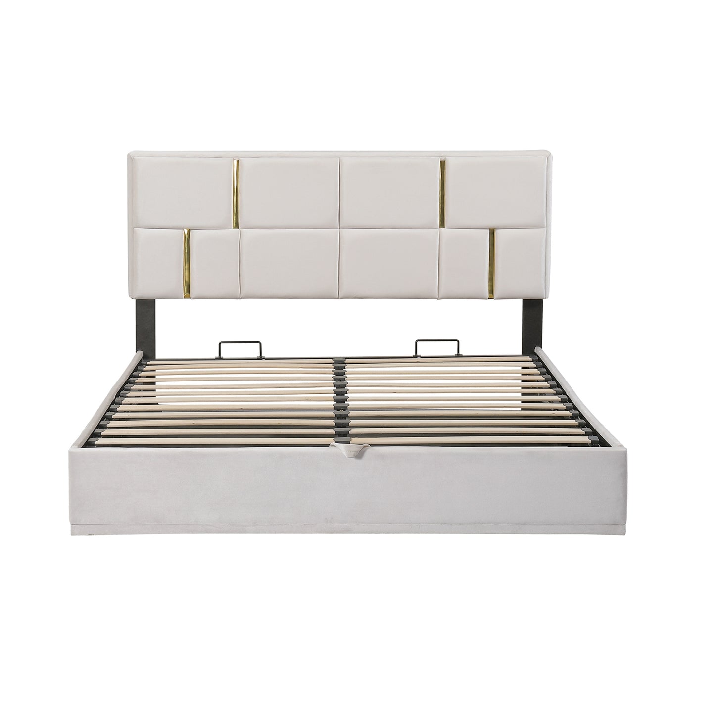 Modern white upholstered bed frame with gold accents and slatted base