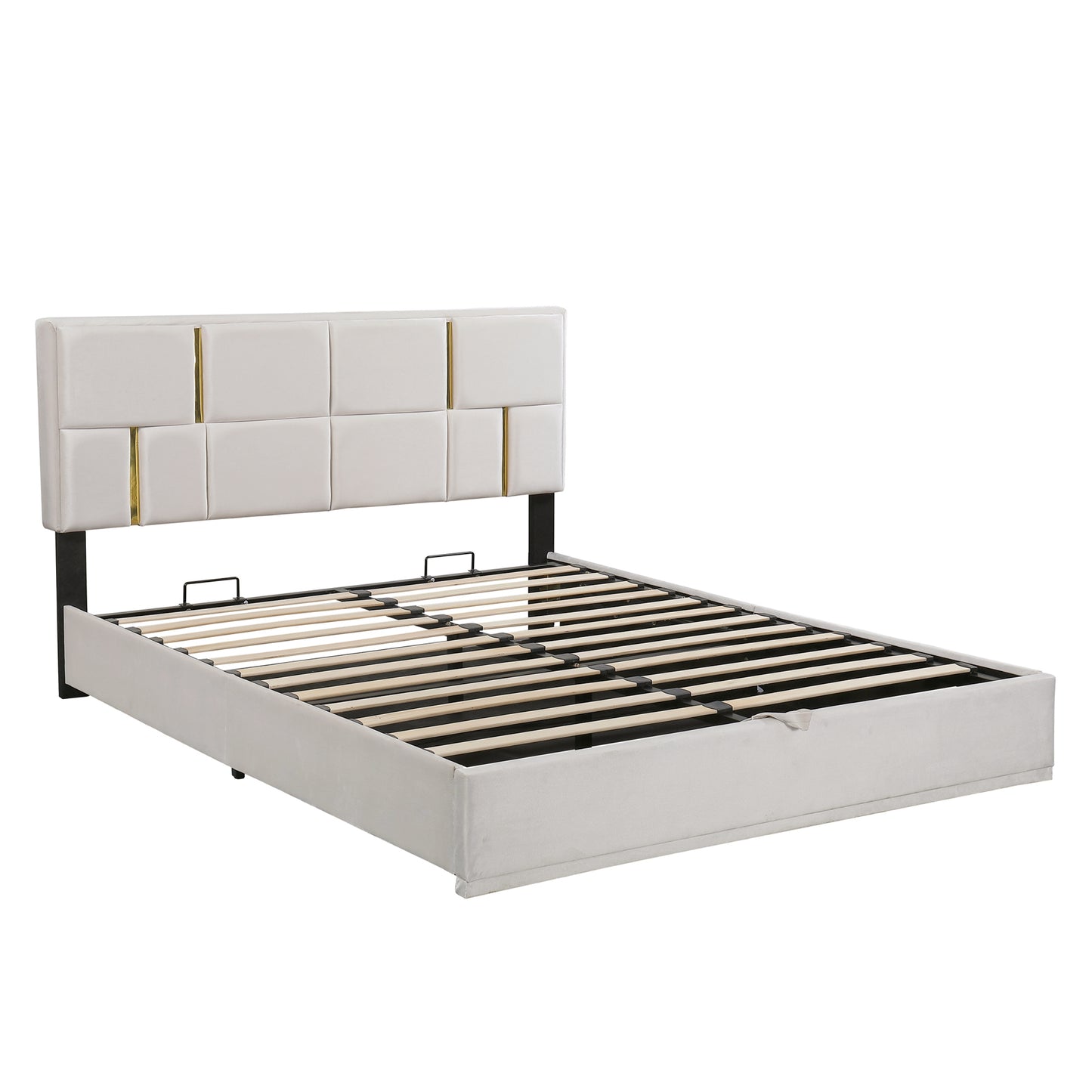 Modern upholstered platform bed frame in cream with gold accents