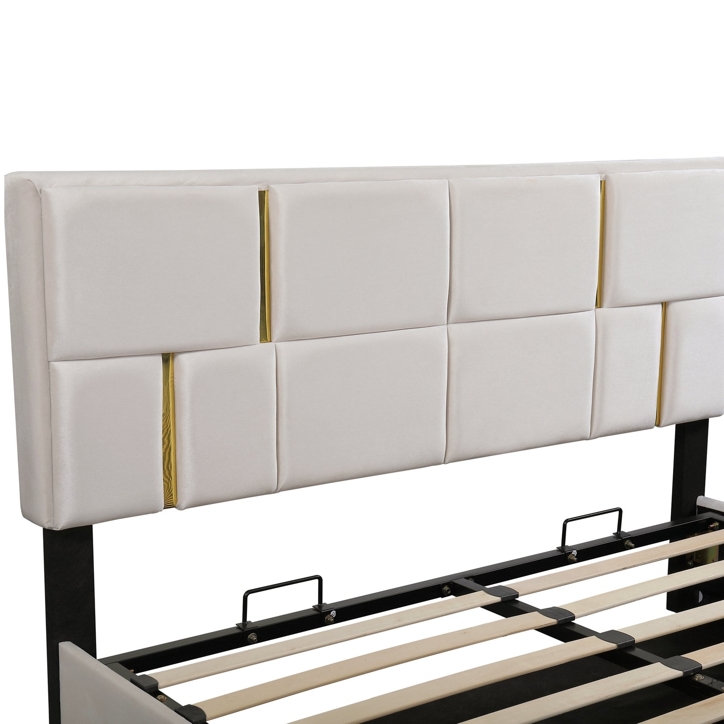 Modern upholstered bed frame with white tufted headboard and gold accents