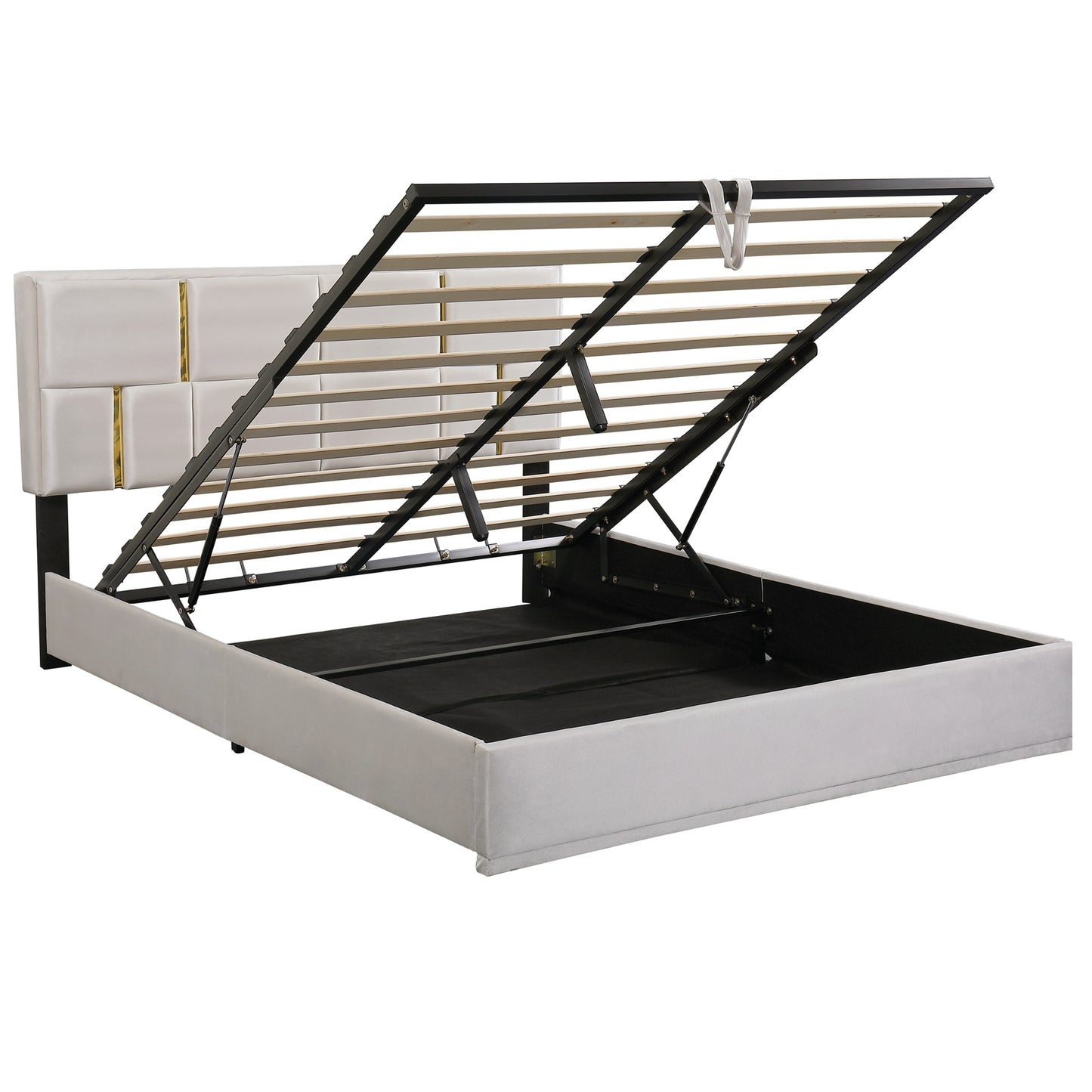 White velvet storage bed with gold accents and liftup mechanism