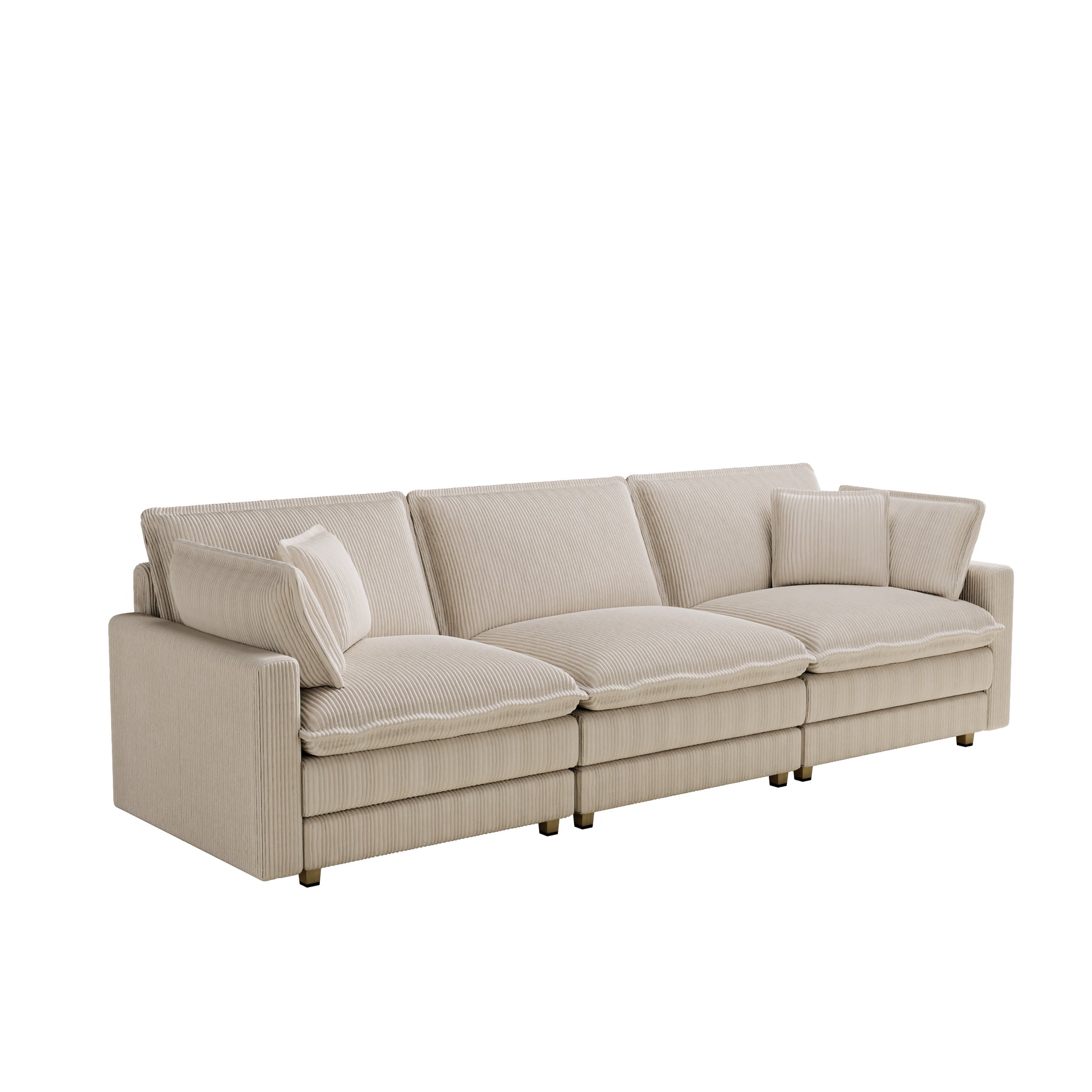 Beige corduroy sectional sofa with plush cushions and gold legs