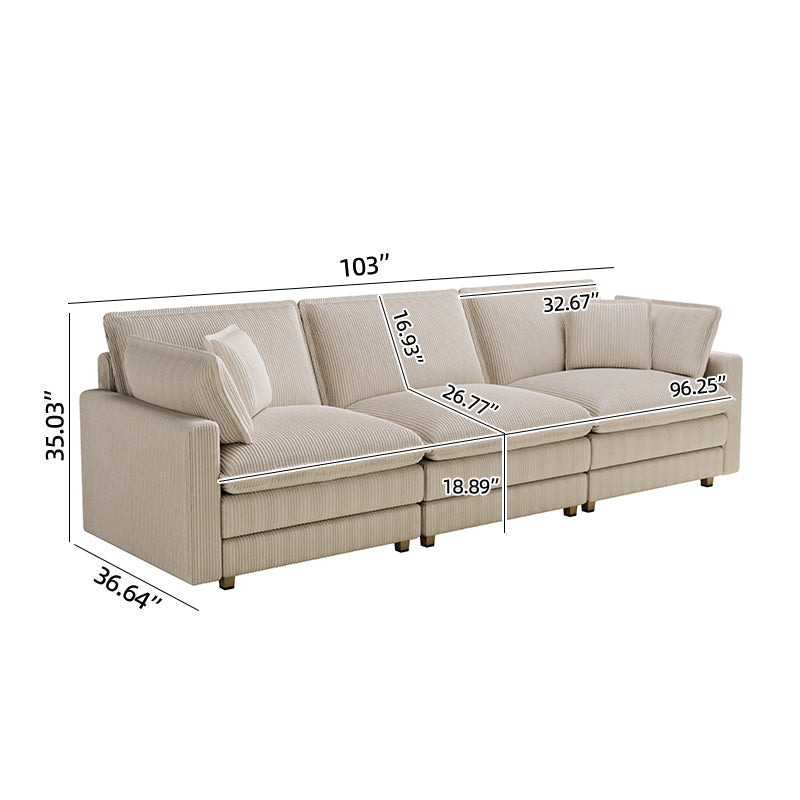 Sectional sofa in light beige corduroy fabric featuring plush cushions and a modern design