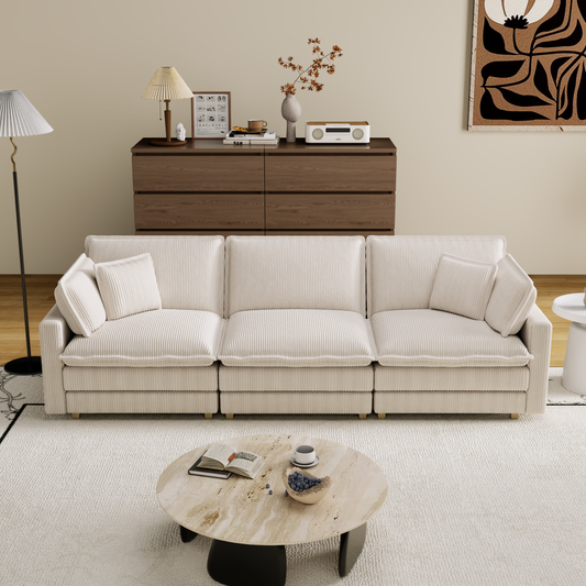 Cream corduroy sectional sofa with plush cushions and wooden legs perfect for modern living rooms