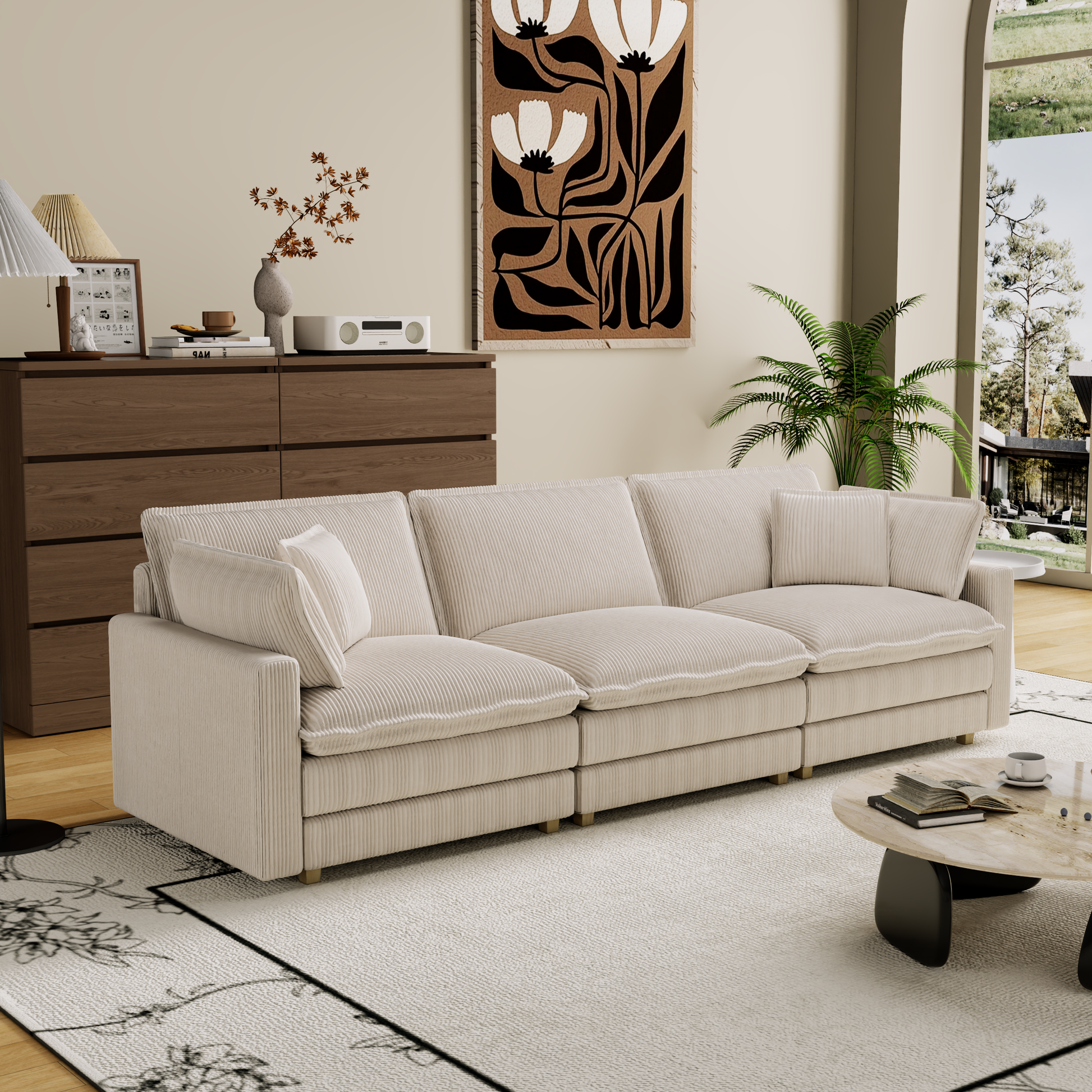 Plush beige corduroy sectional sofa with large deep cushions for ultimate comfort
