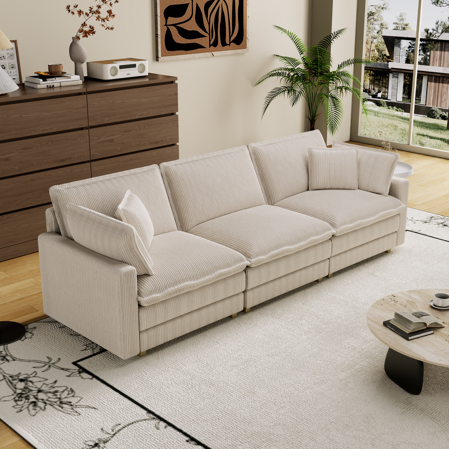 Beige corduroy sectional sofa with plush cushions perfect for modern living rooms