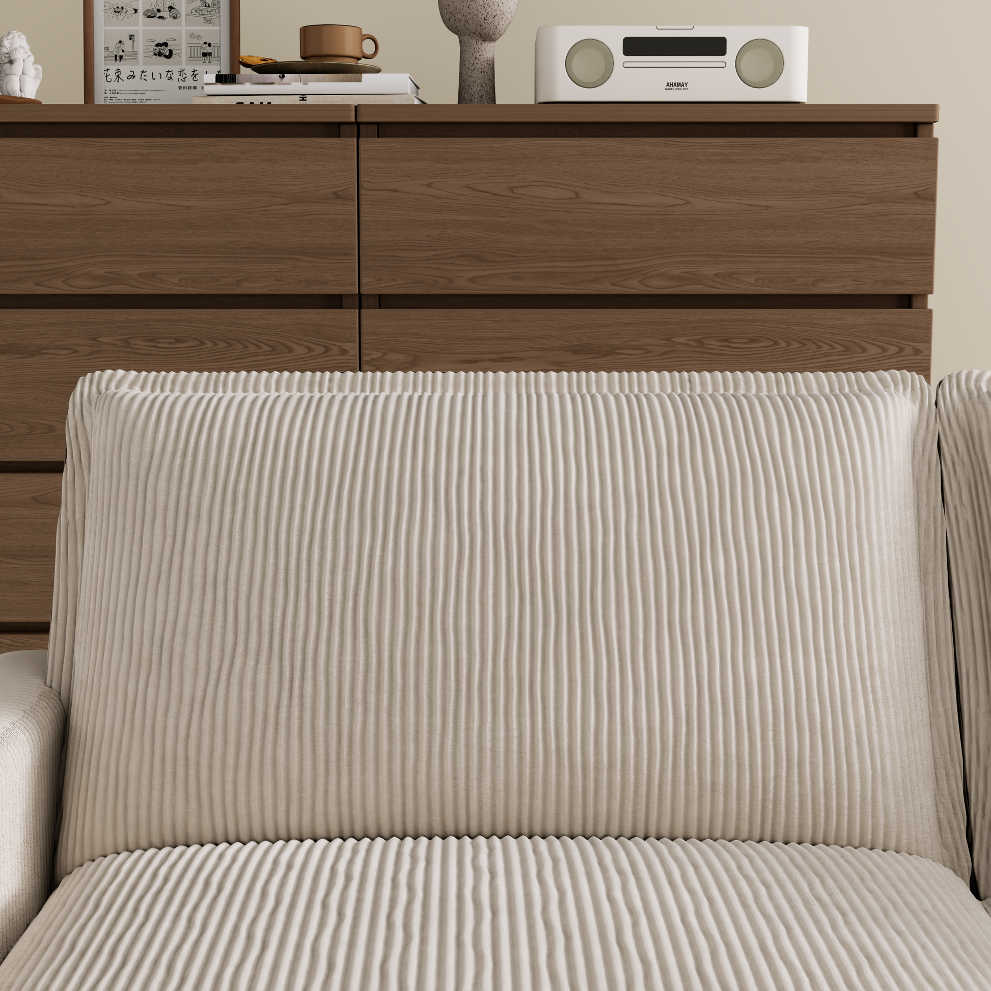 Cream corduroy sofa cushions with vertical ribbed texture