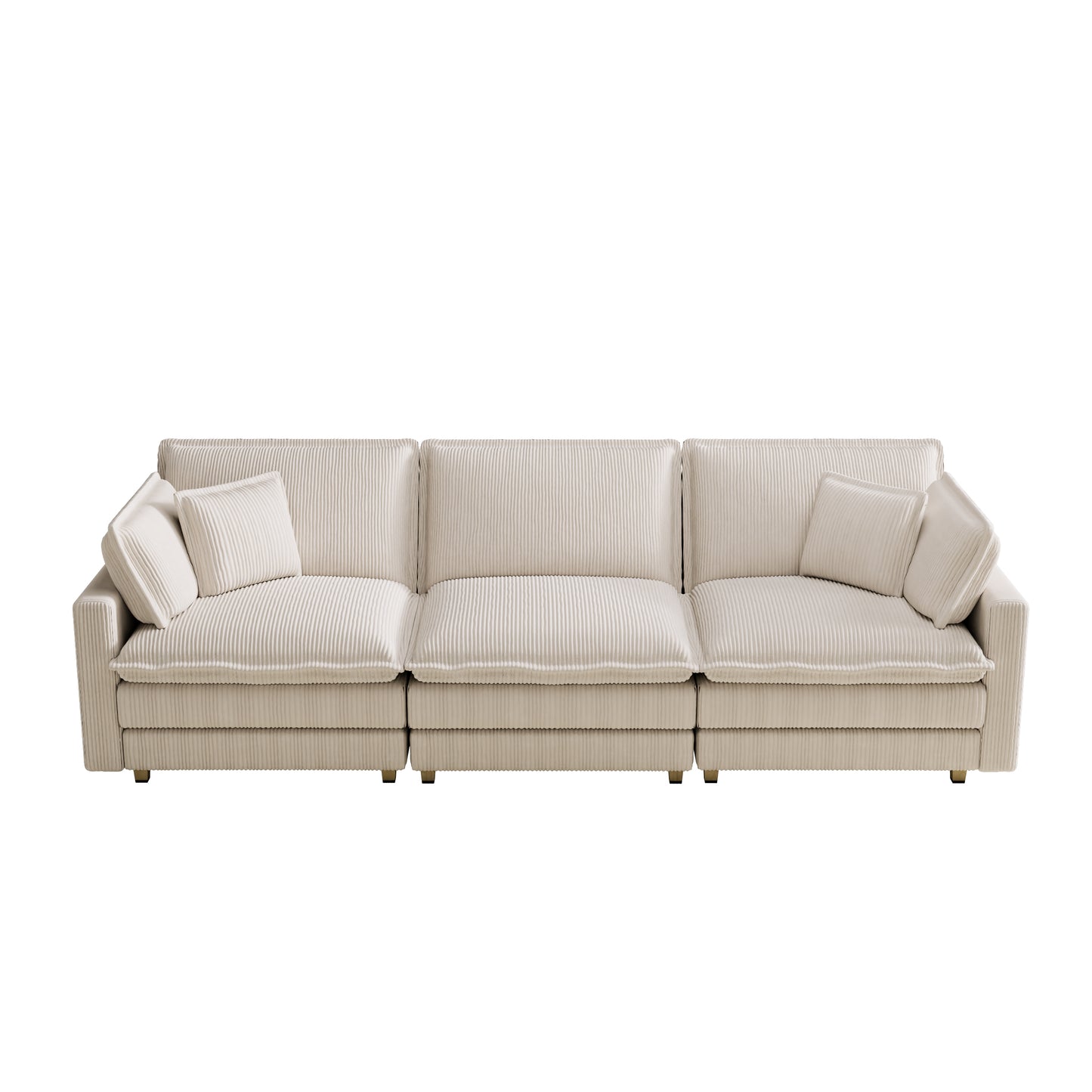 Cream corduroy sectional sofa with plush cushions and modern gold legs