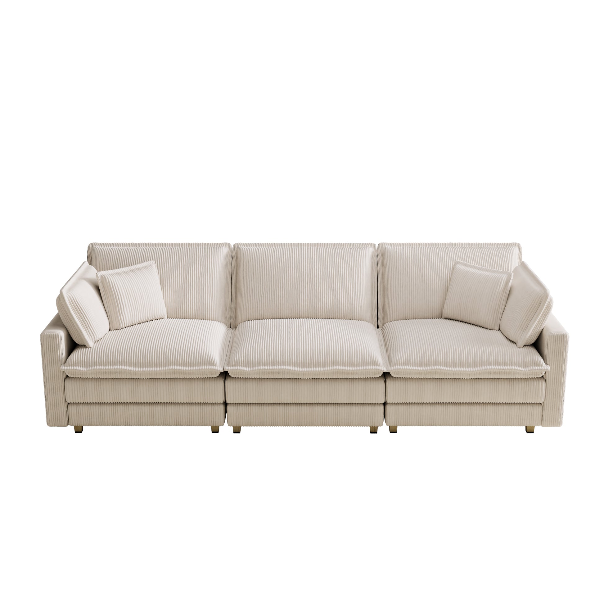 Cream corduroy sectional sofa with plush cushions and modern gold legs