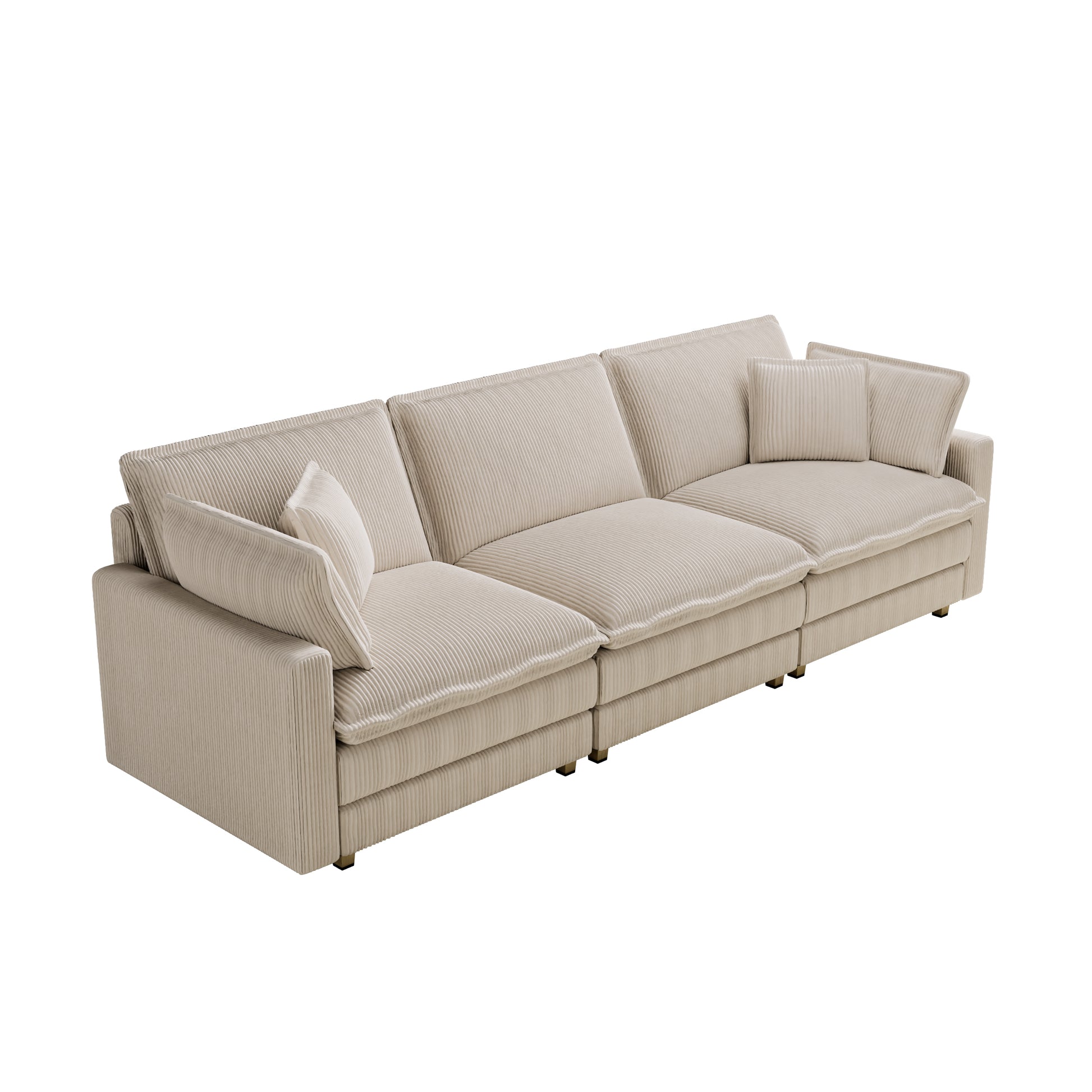 Beige corduroy sectional sofa with plush cushions and modern brass legs for living rooms
