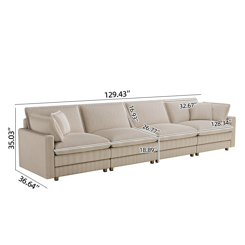 Beige corduroy sectional sofa with plush cushions and visible dimensions indicated
