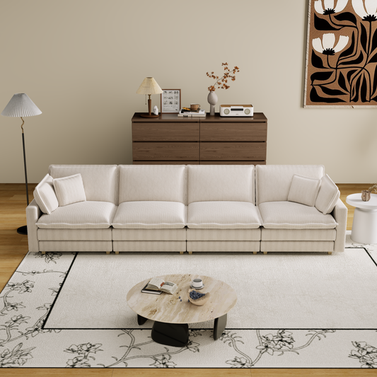 Cream corduroy sectional sofa with plush cushions and clean lines perfect for a modern living room